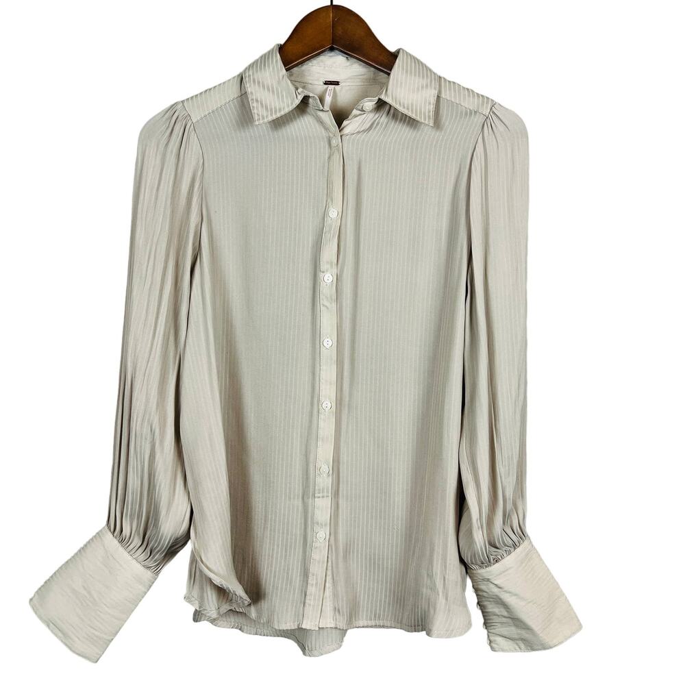 Free People Blouse Long Sleeve Cream Top Button Up - XS